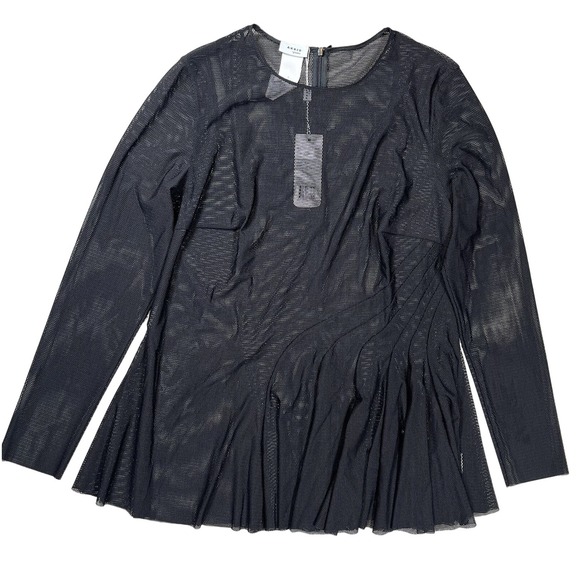 New Akris Punto Black Mesh Long Sleeve Blouse Sz 12 US Sheer‎ Layer Designer NWT